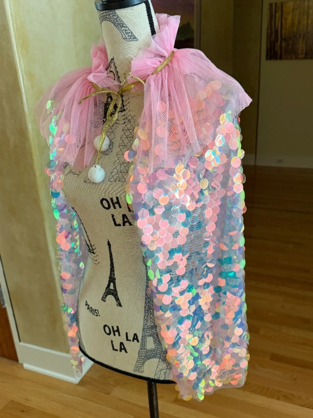 Girls Princess Cape Pink Iridescent Sequins